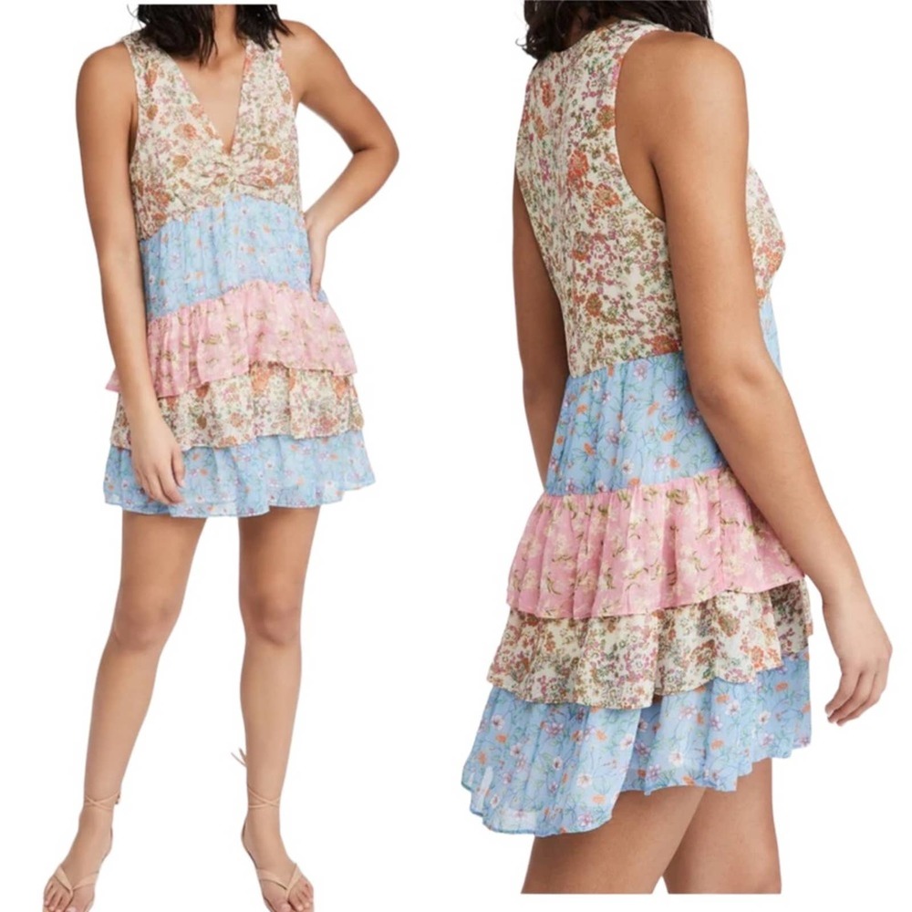 NWT RAMY BROOK Printed Gigi Dress Tiered Floral pink blue beige Size 10